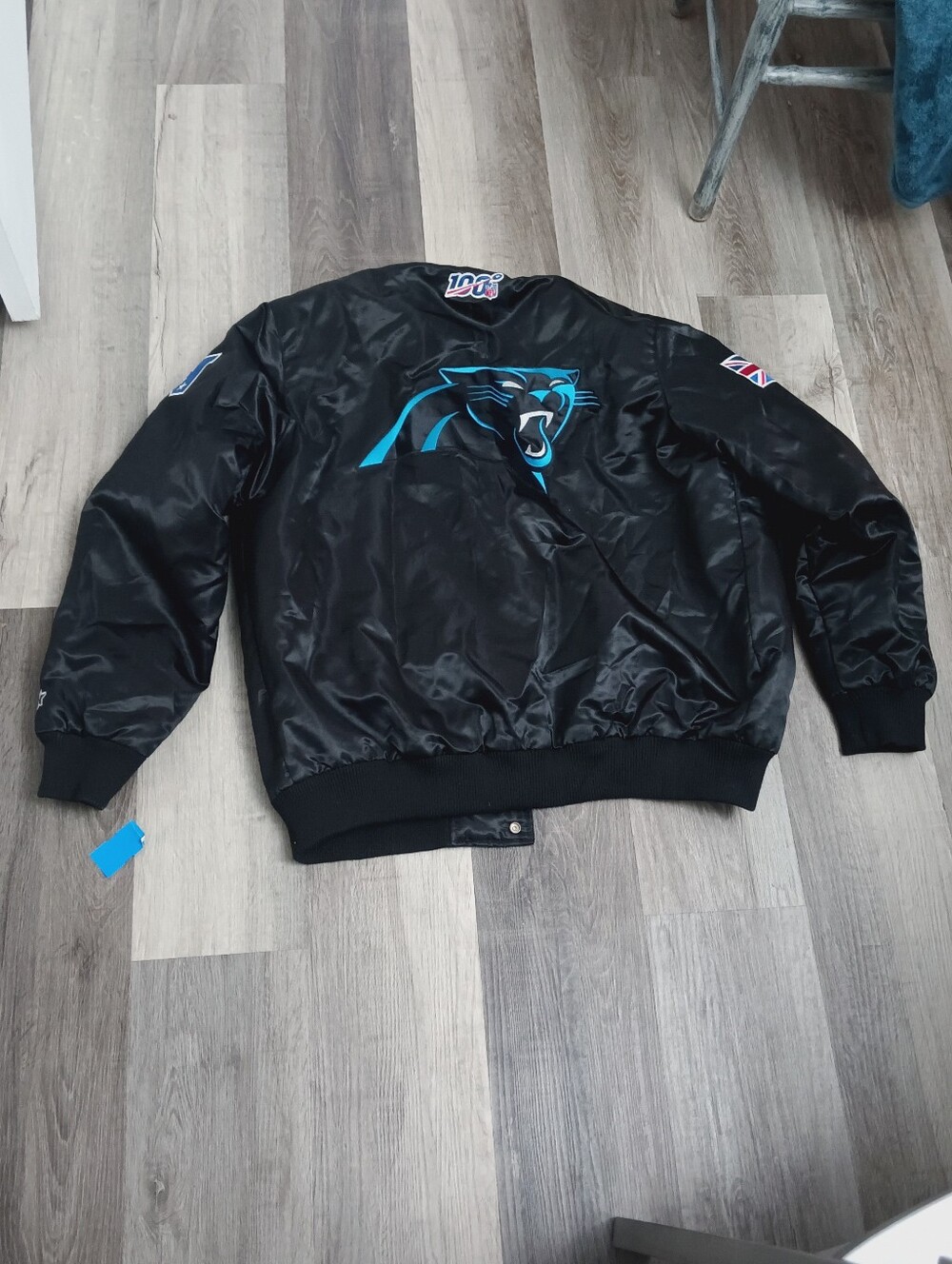 Carolina Panthers London 100 NFL Black Satin Bomber Jacket Men's XL